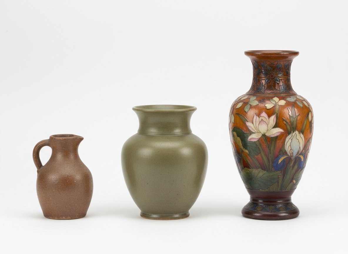 Three pottery pieces showing different value tiers: a plain utilitarian jug, a decorative art pottery vase in matte green, and a fine hand-painted art pottery piece