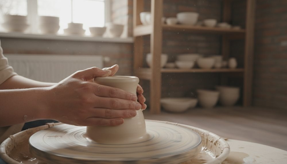 Wheel throwing with smooth stoneware clay Beginner potter centering smooth white stoneware clay on a pottery wheel with wet hands