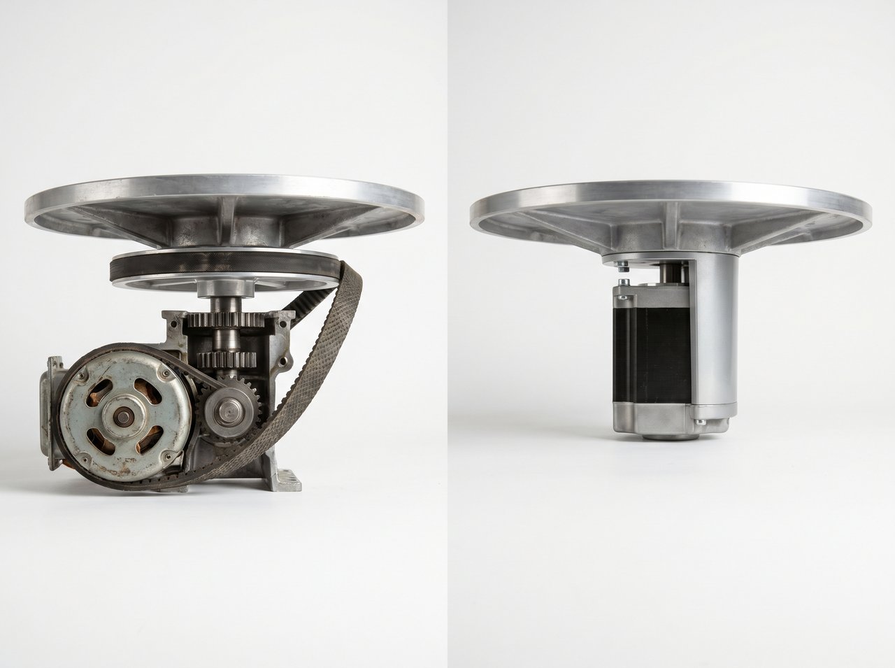 Side by side cross section comparison of pottery wheel motor systems showing belt drive with visible rubber belt and pulleys on left versus integrated direct drive brushless motor with no belt on right