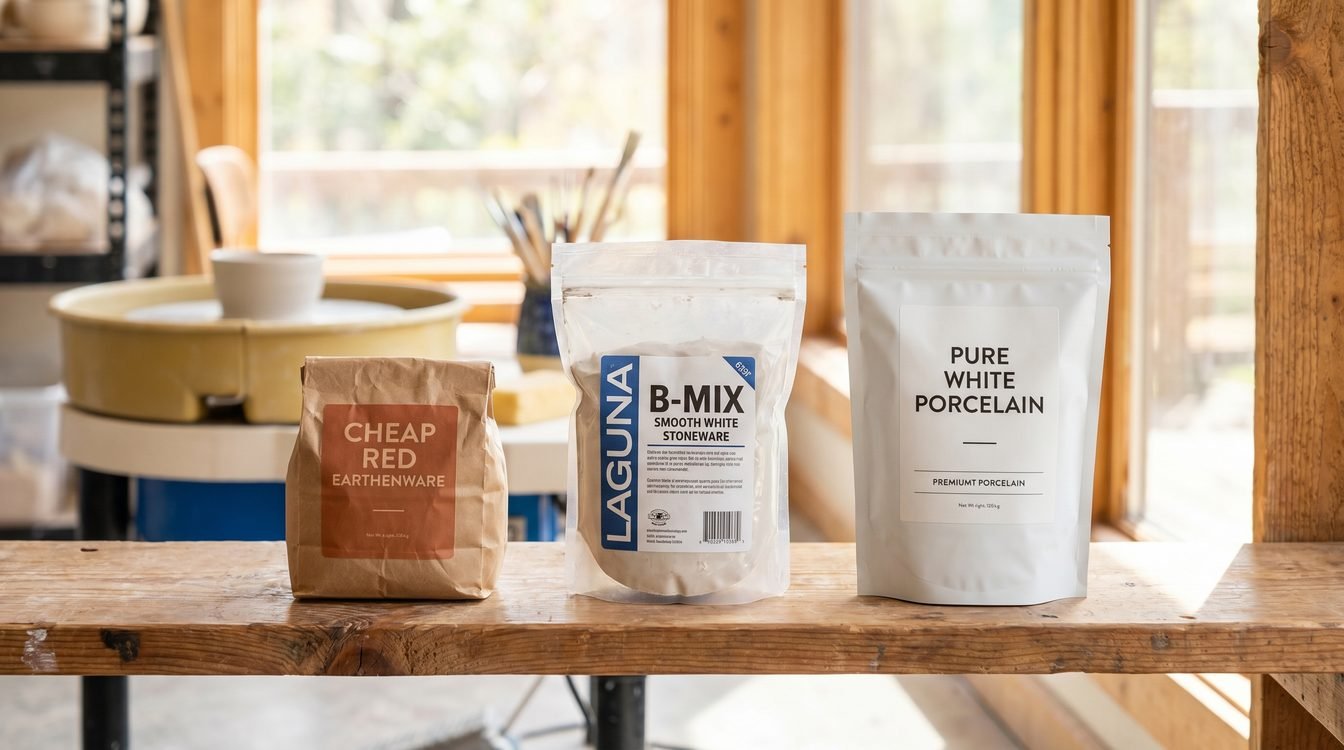 Best pottery clay for beginners: earthenware vs stoneware vs porcelain comparison Three pottery clay bags side by side showing earthenware, stoneware, and porcelain options for beginner potters