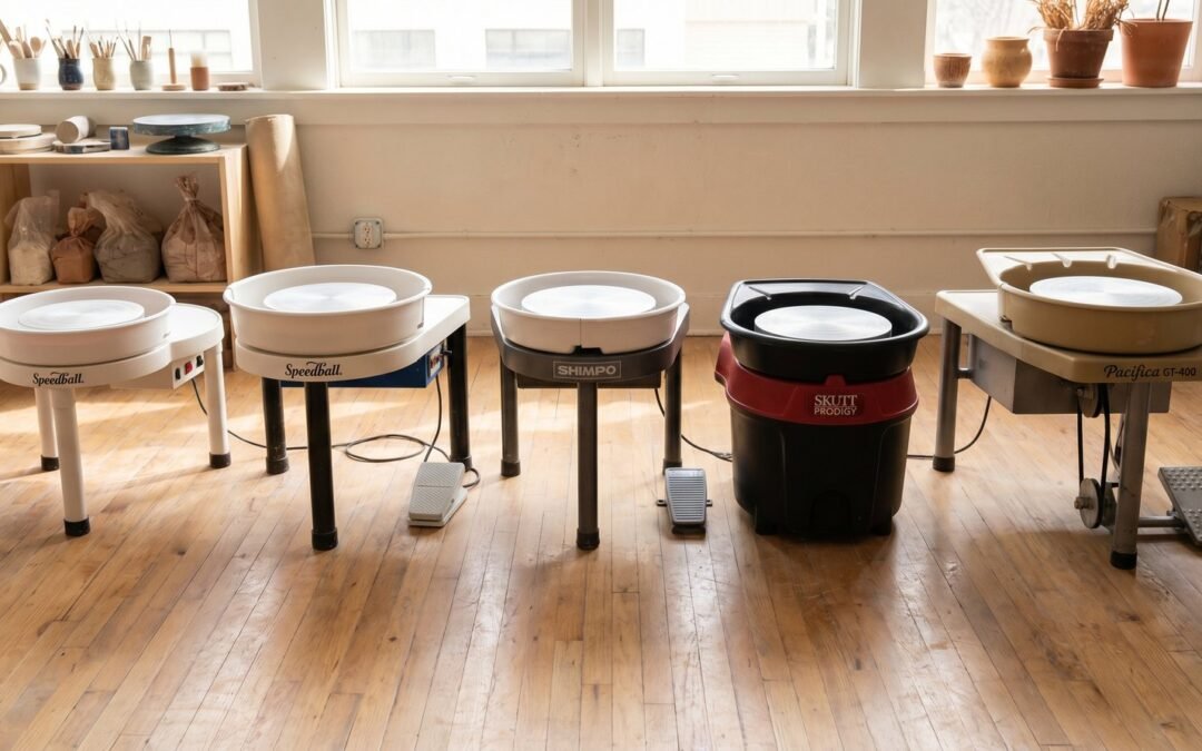 Five beginner-friendly pottery wheels arranged in a row on a light wood studio floor showing different sizes and build styles: Speedball Artista tabletop, Clay Boss, Shimpo VL-Lite, Skutt Prodigy, and Pacifica GT-400