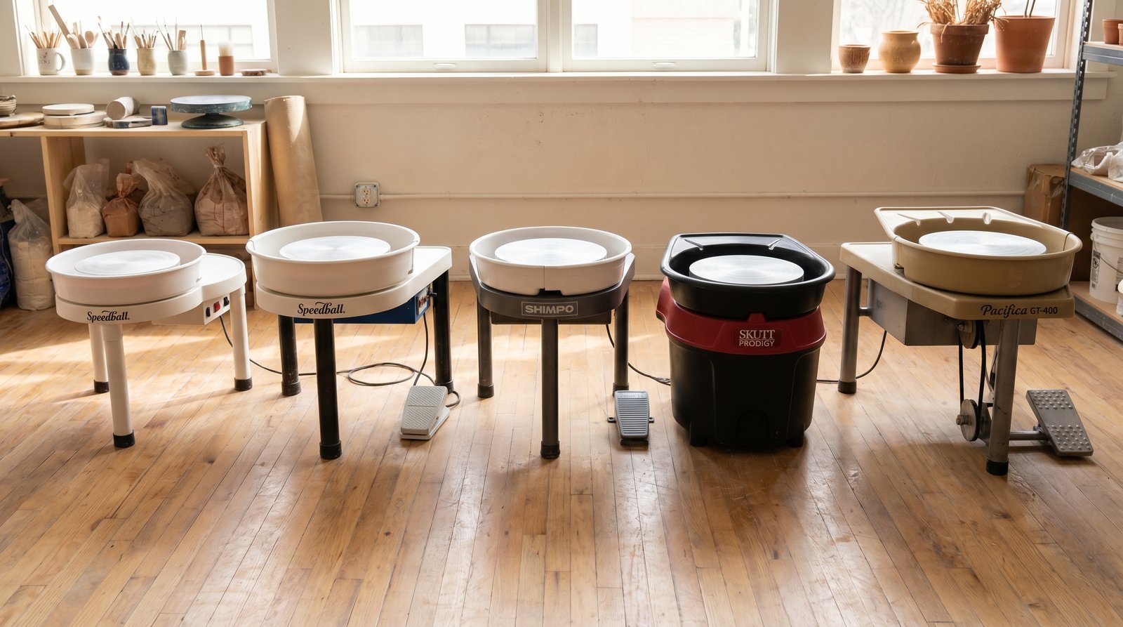 Five beginner pottery wheels lined up showing different sizes and build styles