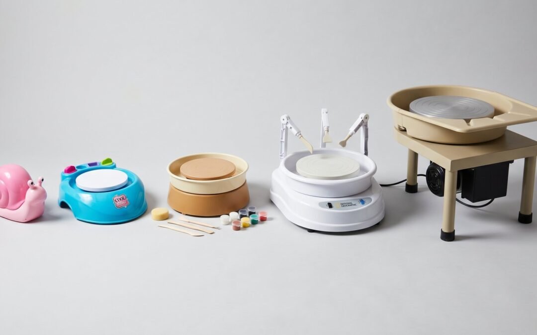 Five pottery wheels for kids 2026 lineup showing size progression from small pink toy snail wheel to large adult Speedball Artista style pottery wheel