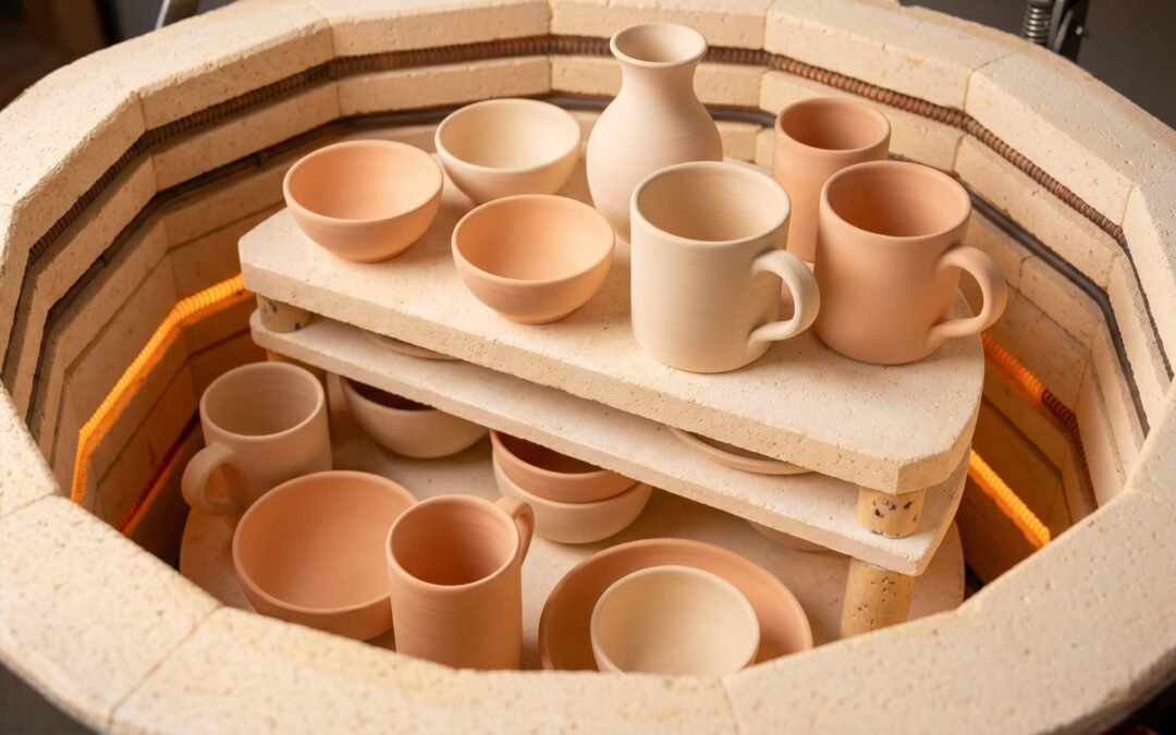 Bisqueware pottery pieces inside an electric kiln on kiln shelves, showing unglazed terracotta-colored bisque fired ceramics