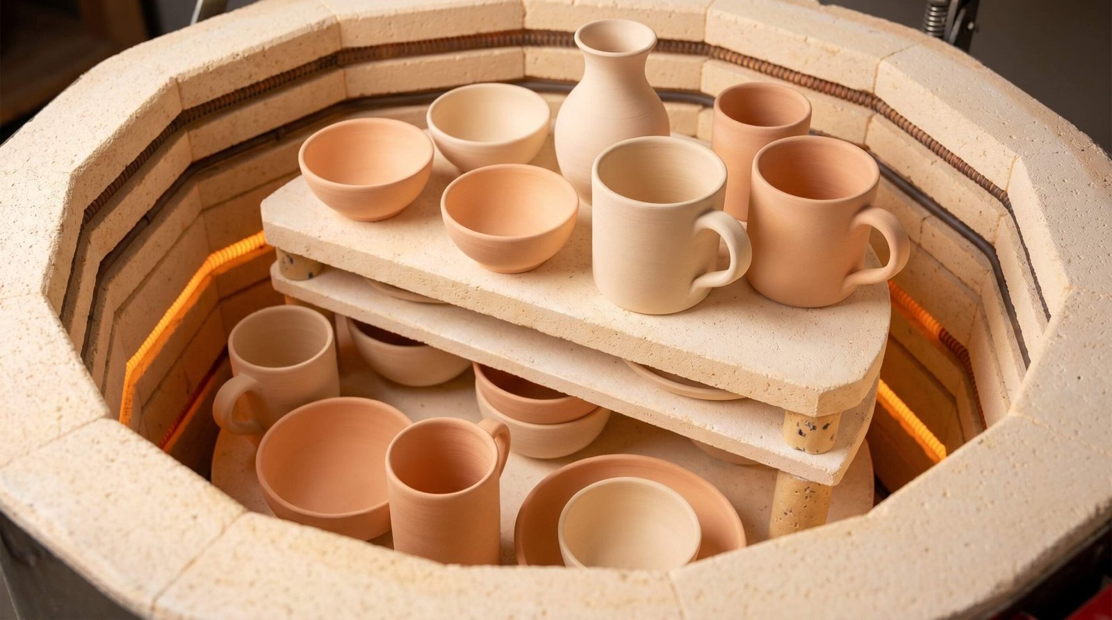 Rows of bisque fired pottery cooling inside an electric kiln, showing the characteristic chalky white surface of bisqueware