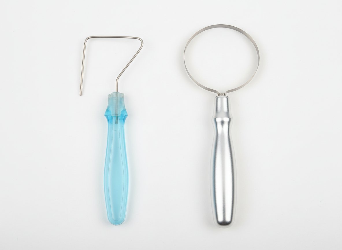 Budget pottery loop trimmer with blue plastic handle versus a professional quality metal-handled loop trimmer showing the quality difference