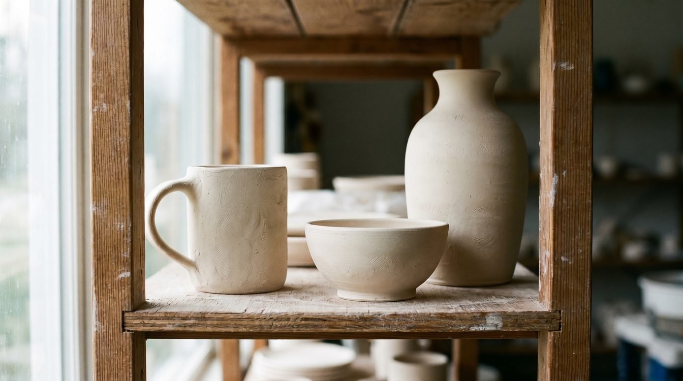 Bone dry pottery pieces ready for kiln firing Bone-dry unfired pottery pieces on a studio shelf, showing the pale chalky appearance of clay that is ready to fire