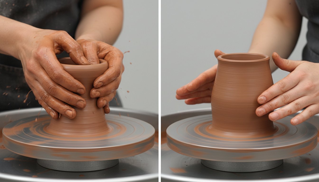 Side-by-side comparison of off-center clay wobbling on left versus correctly centered clay spinning smoothly on right