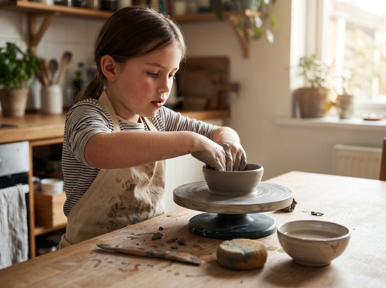 Young girl in clay-spattered apron focused on shaping a small bowl from gray air-dry clay on a tabletop pottery wheel with sculpting tools and water bowl nearby