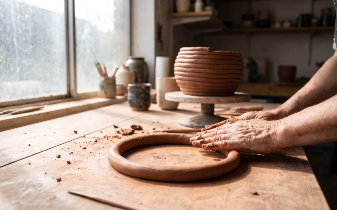 Potter's hands rolling a clay coil for coil pottery building, with a partially built coil pot in the background