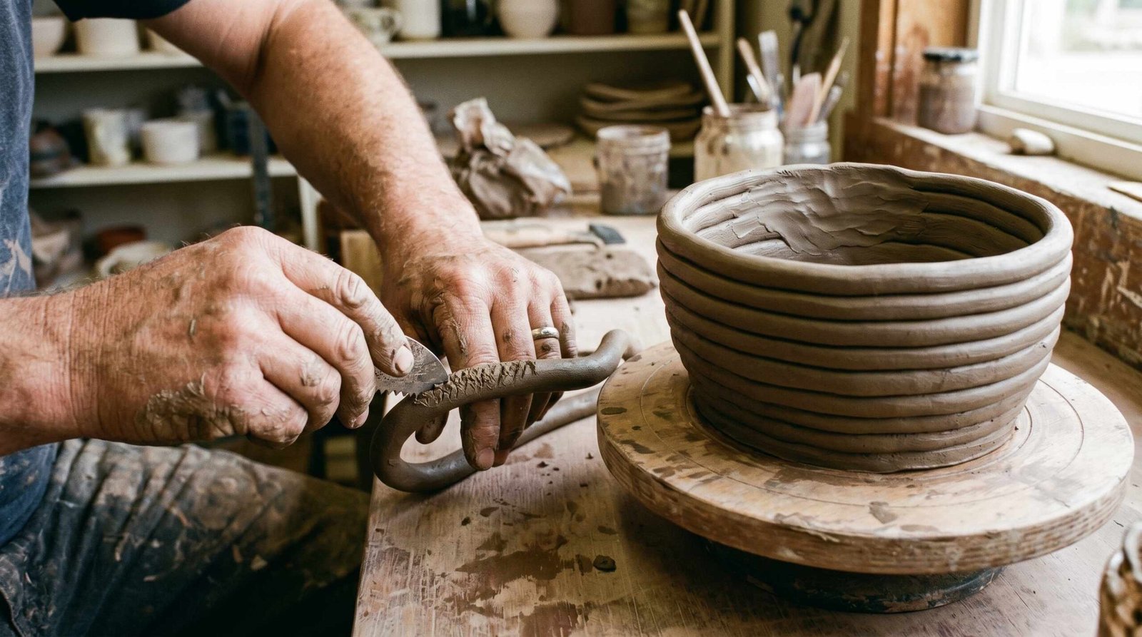 Coil Pottery - Scoring and Joining Coils Potter scoring a clay coil with a serrated rib tool before attaching it to a coil pot