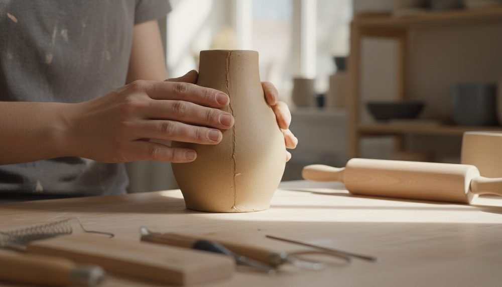 Hand building pottery with buff stoneware clay Hands pressing and shaping buff stoneware clay slab into a vase form on a studio table with a wooden rolling pin
