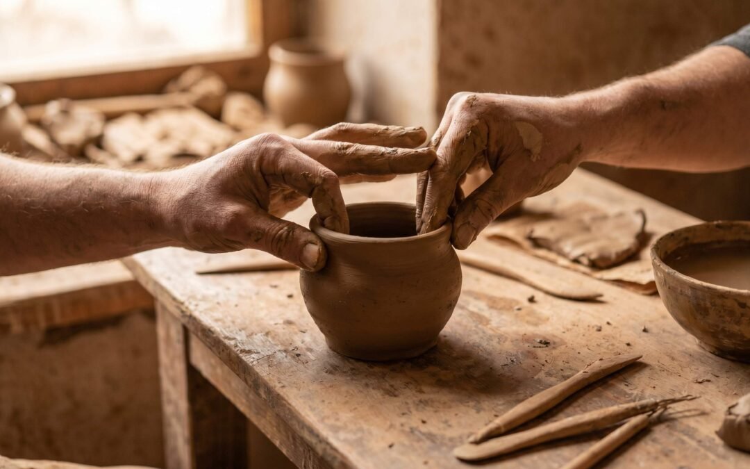 Hand building pottery using pinch, coil, and slab techniques