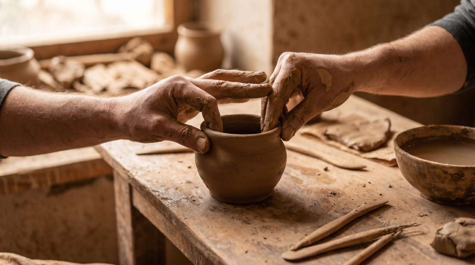 Hand building pottery using pinch, coil, and slab techniques