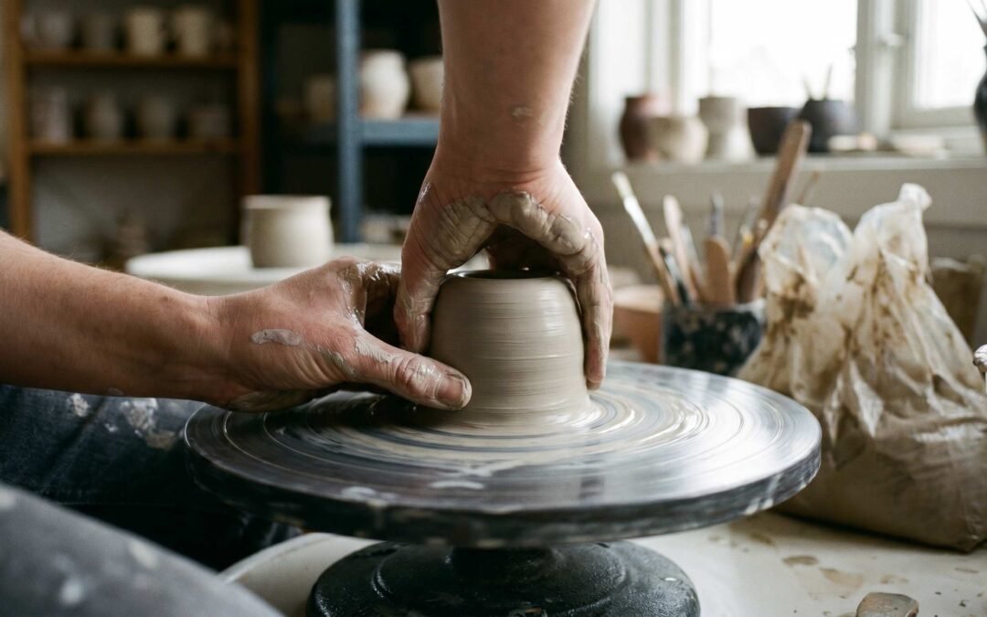 Potter's hands centering clay on a pottery wheel using the two-hand squeeze technique