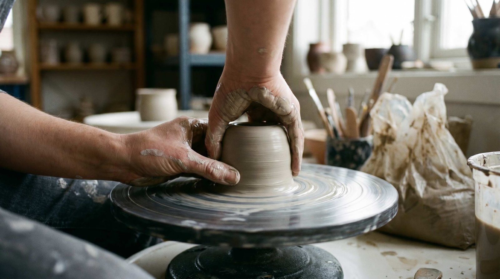 Potter's hands centering clay on a pottery wheel using the two-hand squeeze technique