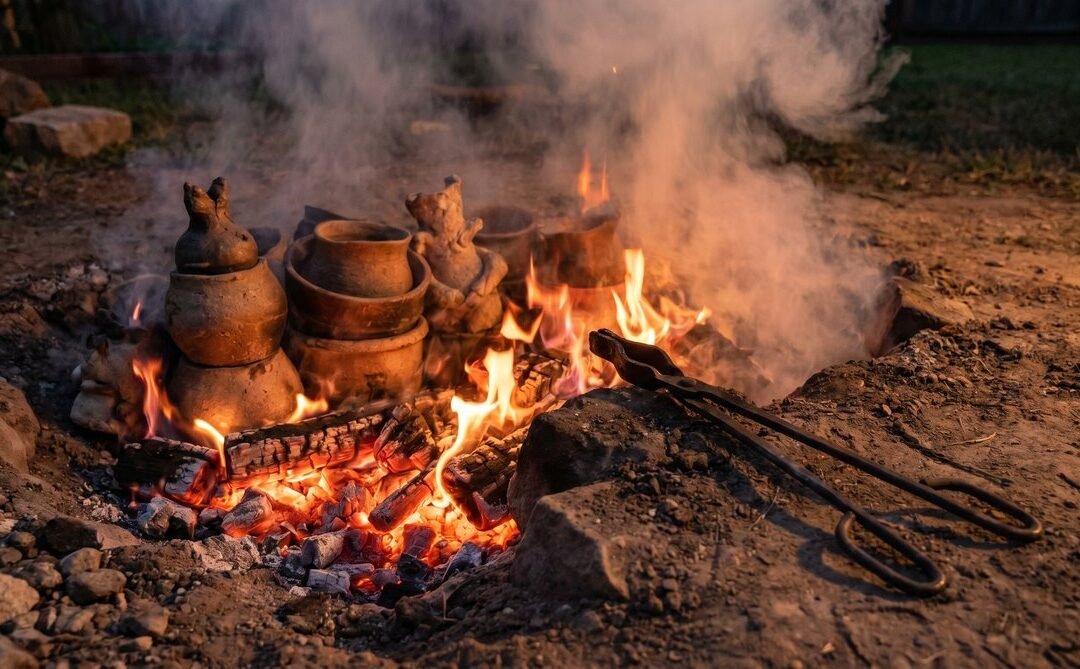 Handmade clay pots glowing in an outdoor pit fire at dusk, with metal tongs resting at the edge