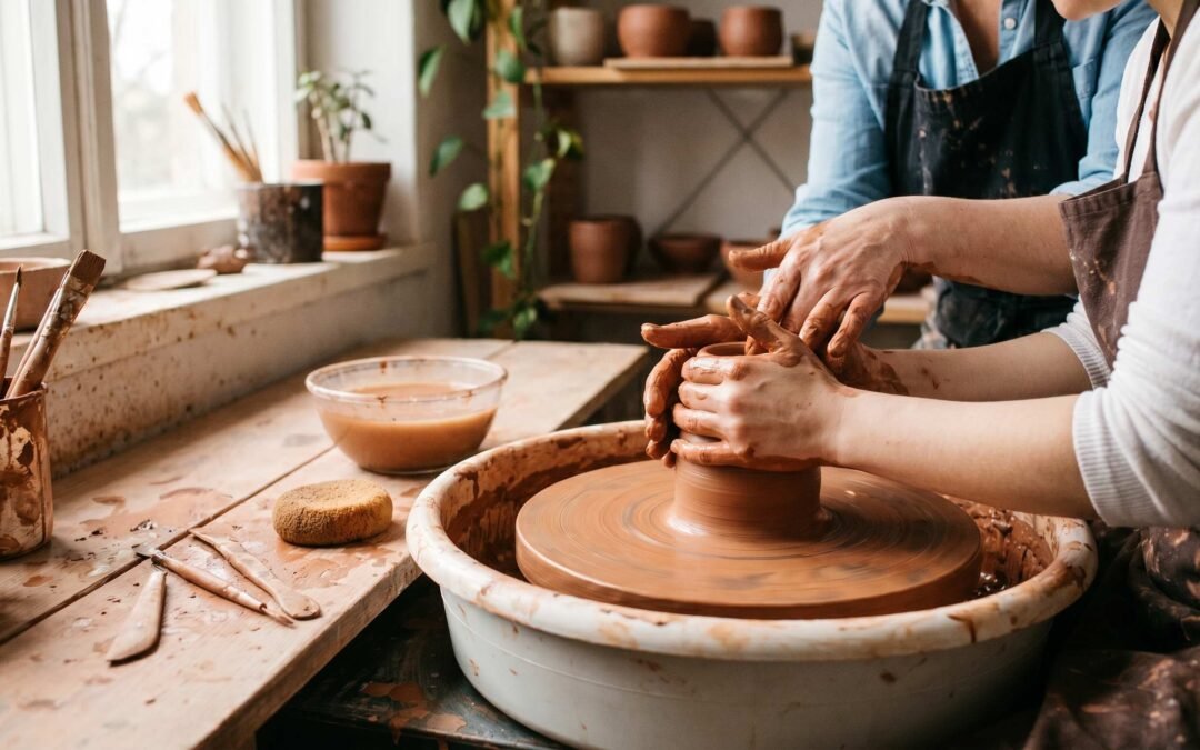 Beginner hands centering clay on a pottery wheel in a warm studio setting