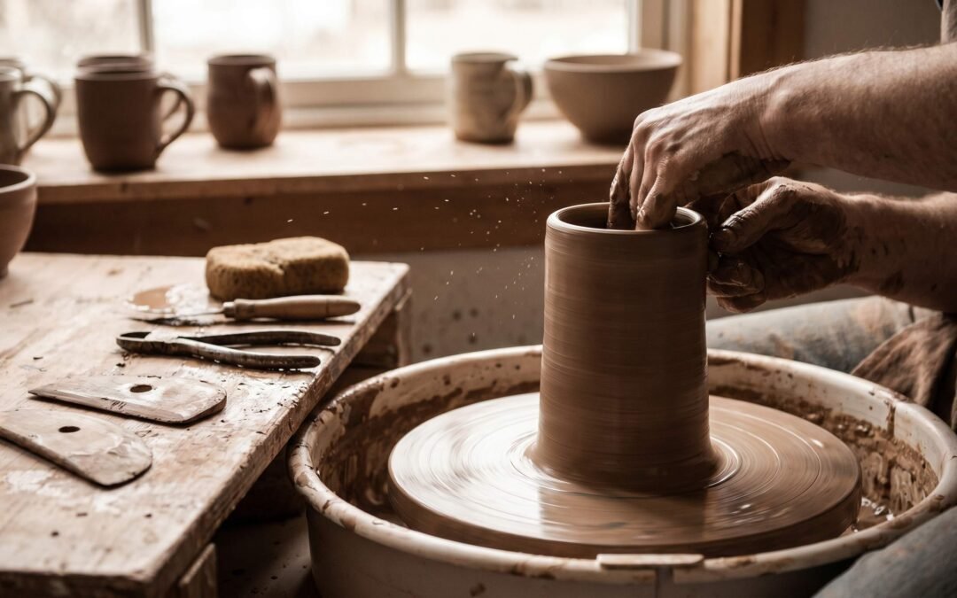 Potter throwing a mug on a pottery wheel, centering stoneware clay with wet hands