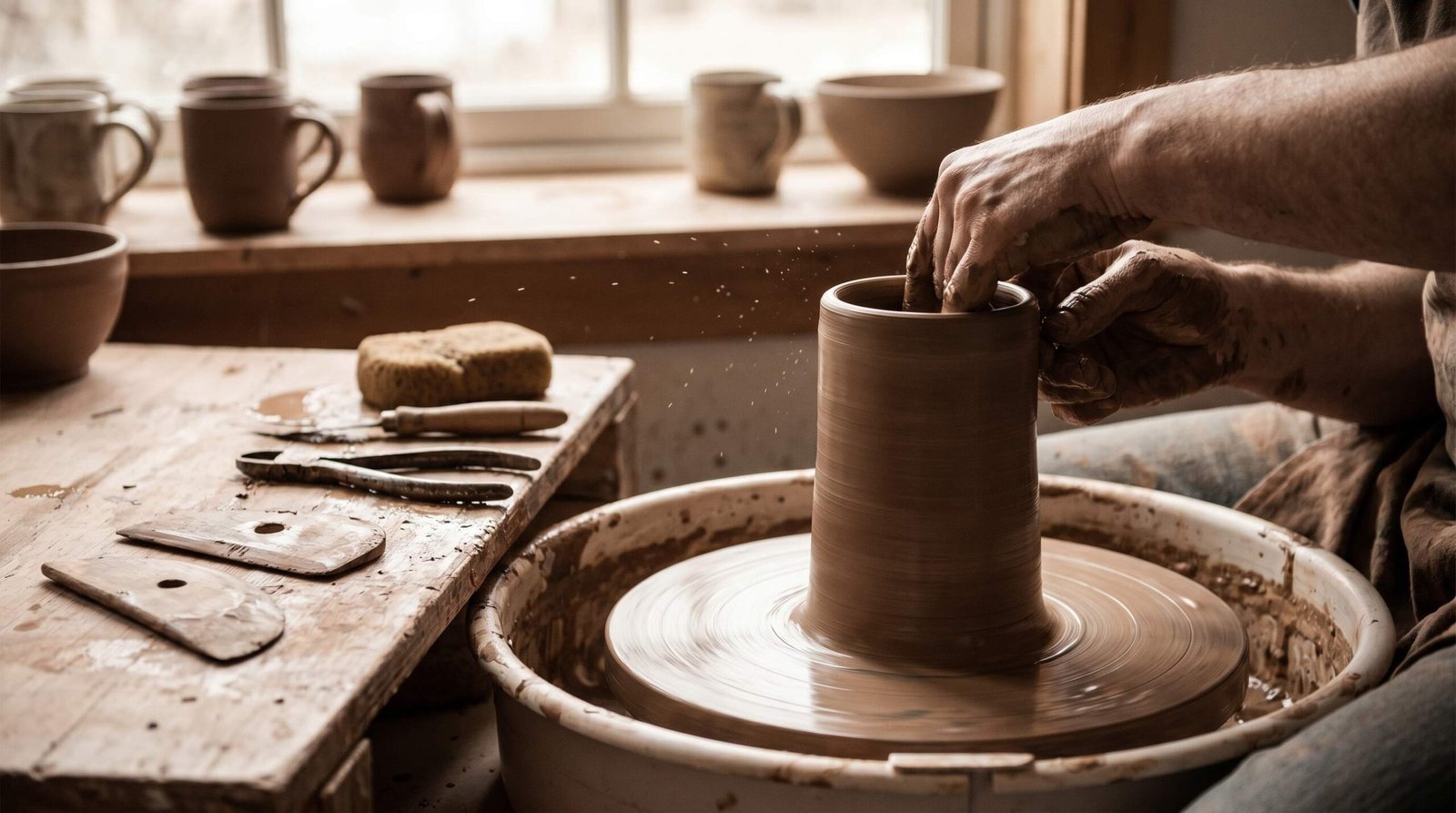 potter throwing a mug on a pottery wheel, centering stoneware clay