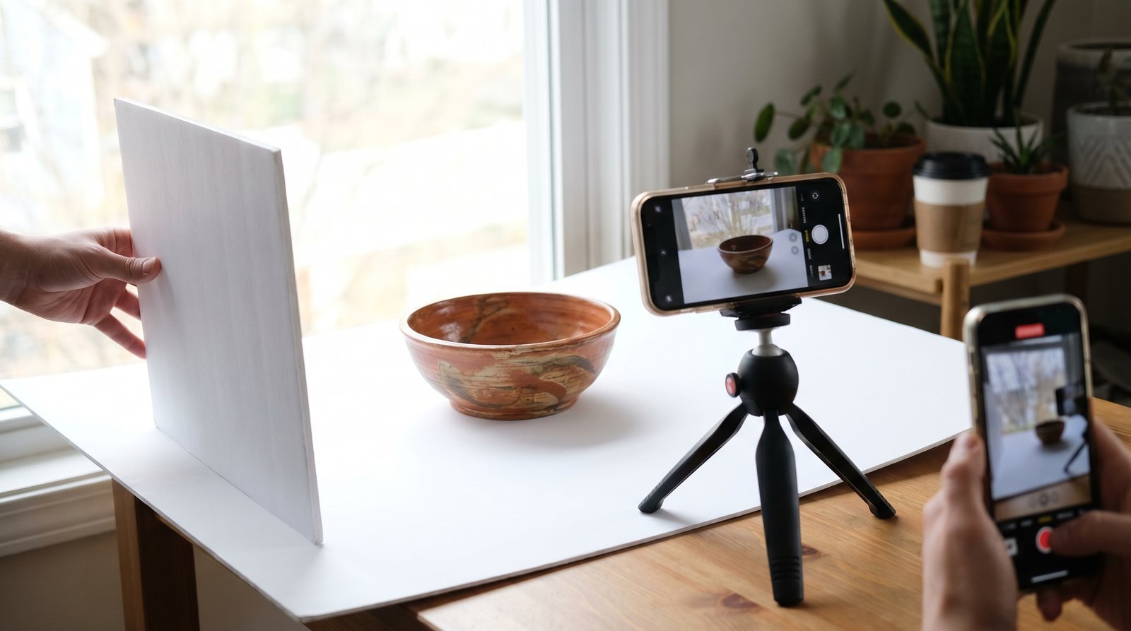 Photographing a handmade ceramic bowl with a smartphone tripod and natural window light