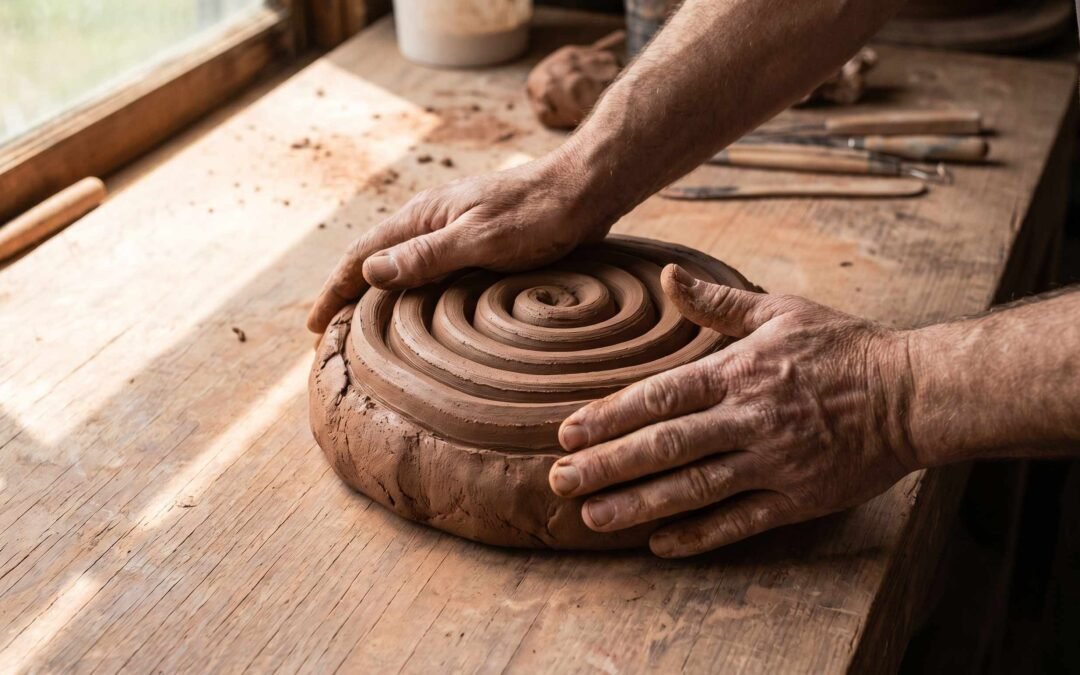 Potter's hands using the ram's head wedging technique to prepare clay on a wooden work surface