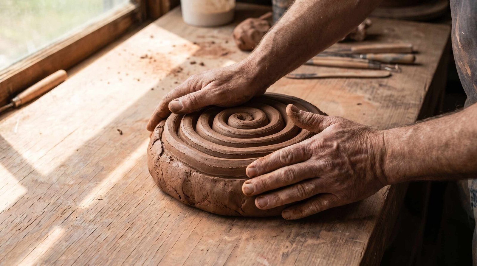 Potter's hands using the ram's head wedging technique to prepare clay on a wooden work surface
