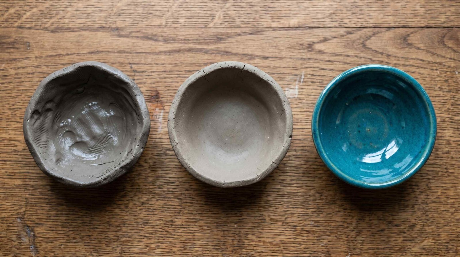 Three pinch pots showing stages of creation: freshly formed wet clay, leather-hard, and finished with teal glaze
