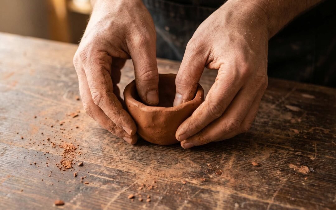 Hands pressing thumbs into a clay ball to form a pinch pot on a wooden surface