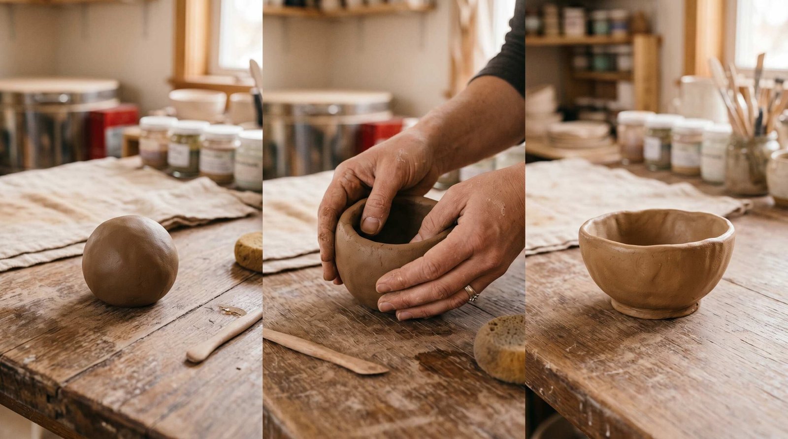 Step-by-step pinch pot technique showing thumb inside clay ball