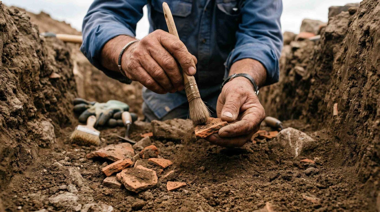 Archaeological stratigraphy layers with pottery sherds used for dating