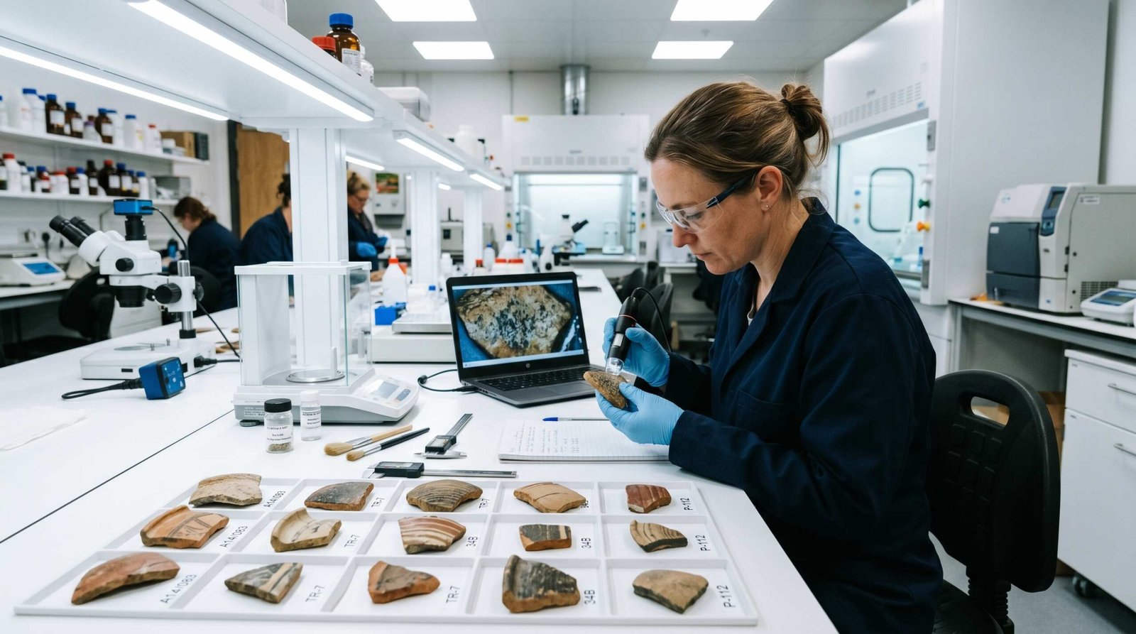 Archaeologist examining ancient pottery sherds in a laboratory, performing residue analysis to understand what ancient people cooked thousands of years ago