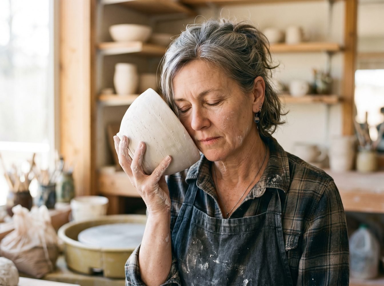 The pottery cheek test for confirming bone-dry clay Potter performing the cheek test by pressing a bone-dry clay bowl against their cheek to confirm the pottery is ready to fire