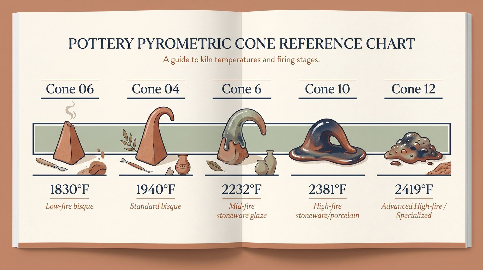 Pottery cone temperature reference chart showing cones 06, 04, 6, and 10 with their firing temperatures