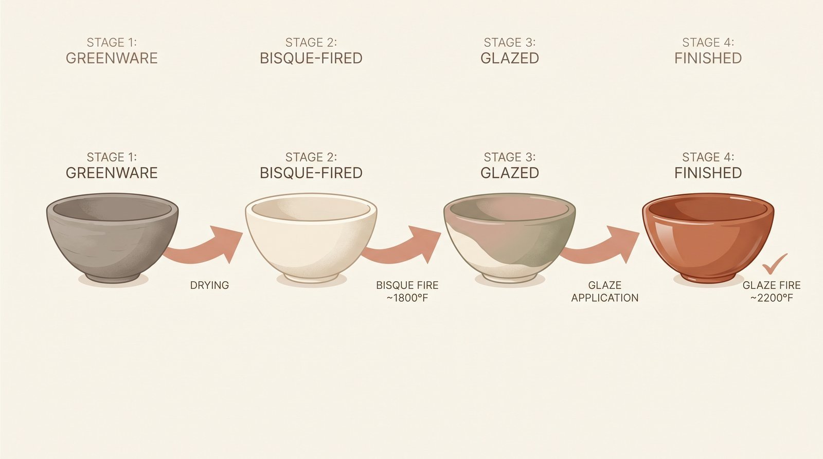 The four stages of pottery firing: greenware, bisque-fired, glazed, and finished