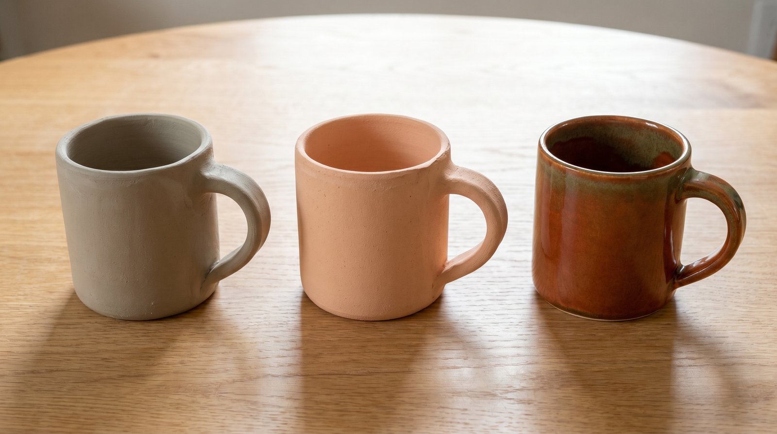 Three pottery mugs side by side showing raw greenware, bisque fired, and glaze fired stages