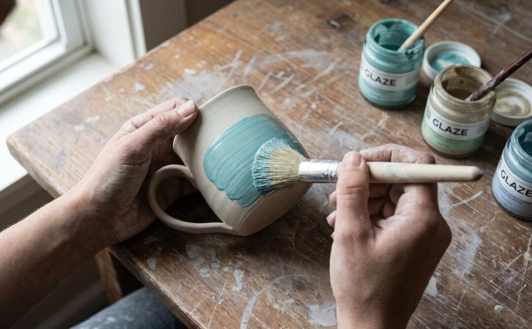 Beginner potter applying turquoise glaze to bisque stoneware mug with a hake brush