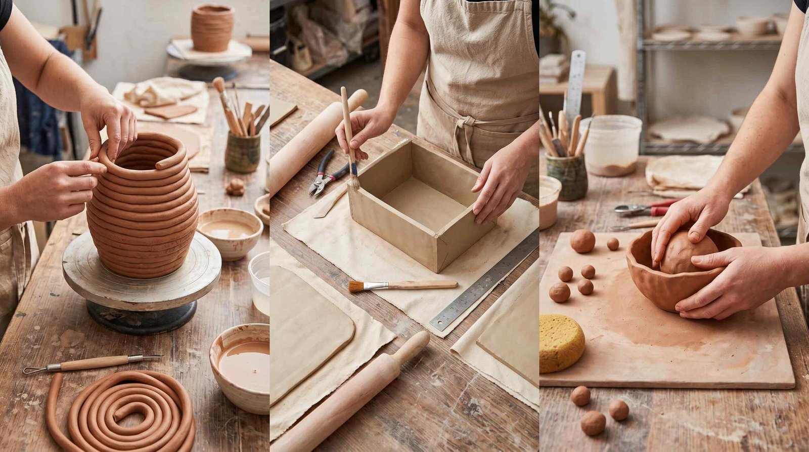 Three pottery hand-building methods side by side: coil building, slab building, and pinch pot technique