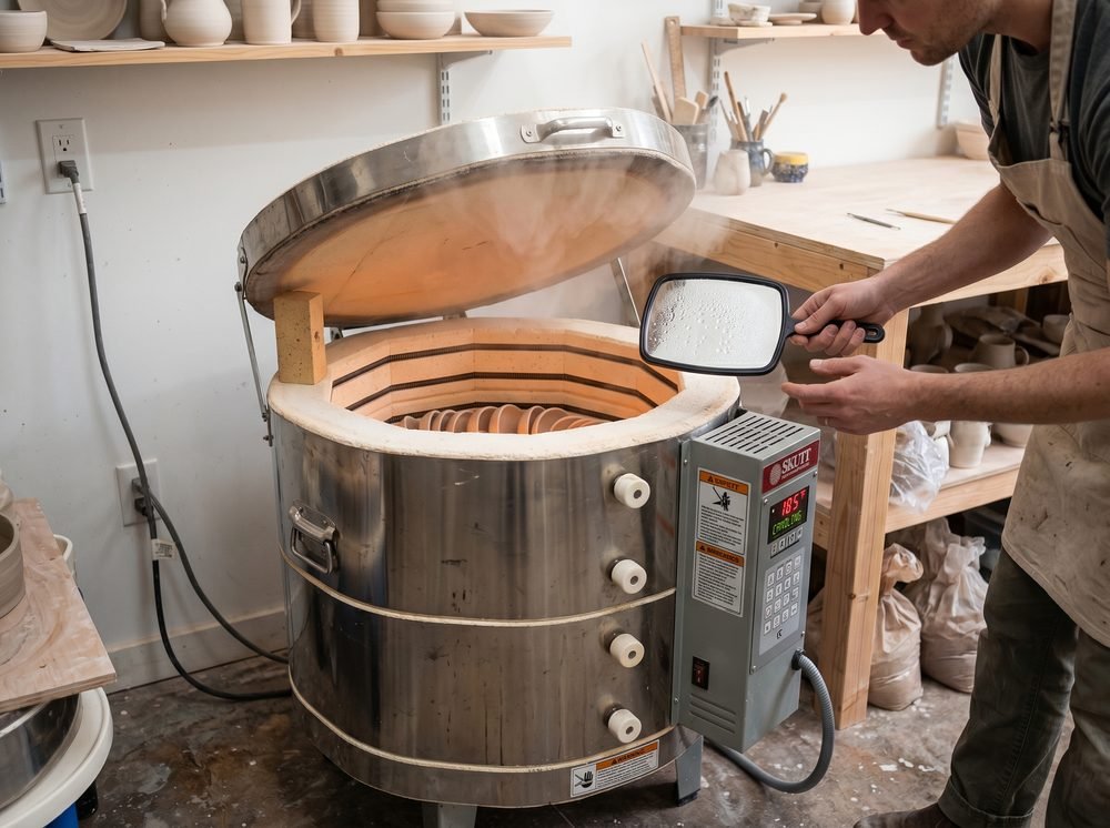 Pottery kiln candling technique with mirror peephole test Electric pottery kiln with lid slightly open during the candling stage, with a mirror held to the peephole to check for moisture condensation
