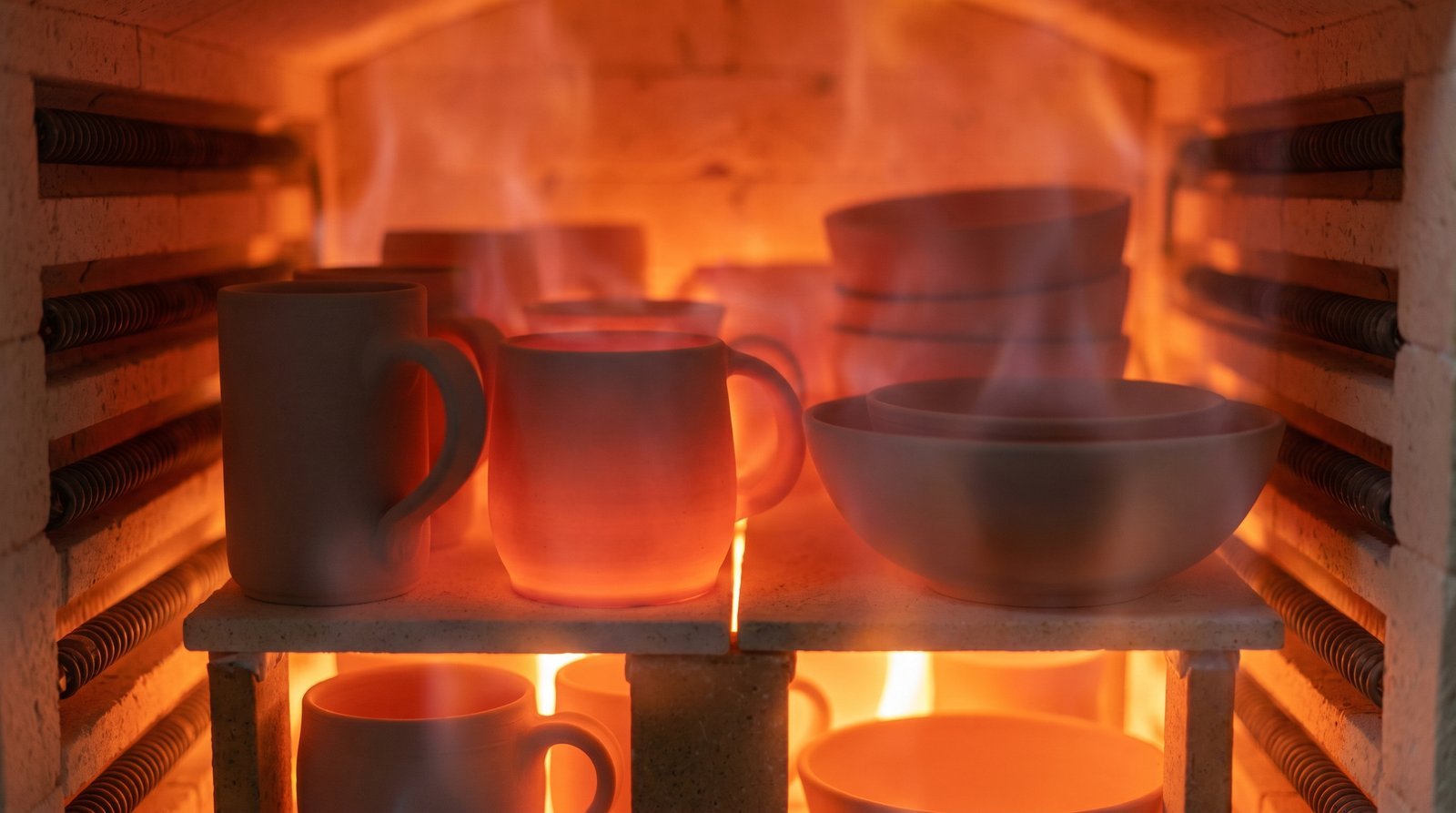 Interior of a pottery kiln during the second firing, glowing red at cone 6