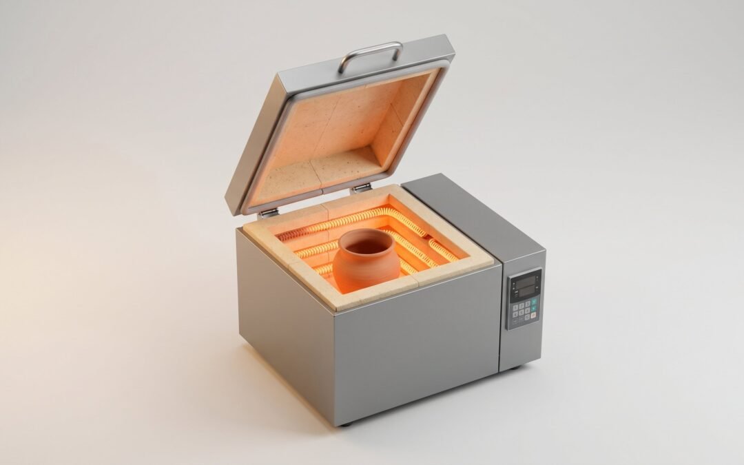 Compact electric pottery kiln with lid open showing heating elements and clay pot inside
