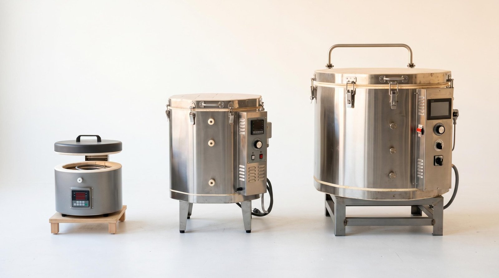 Three pottery kilns compared by size: small, medium, and large electric kilns