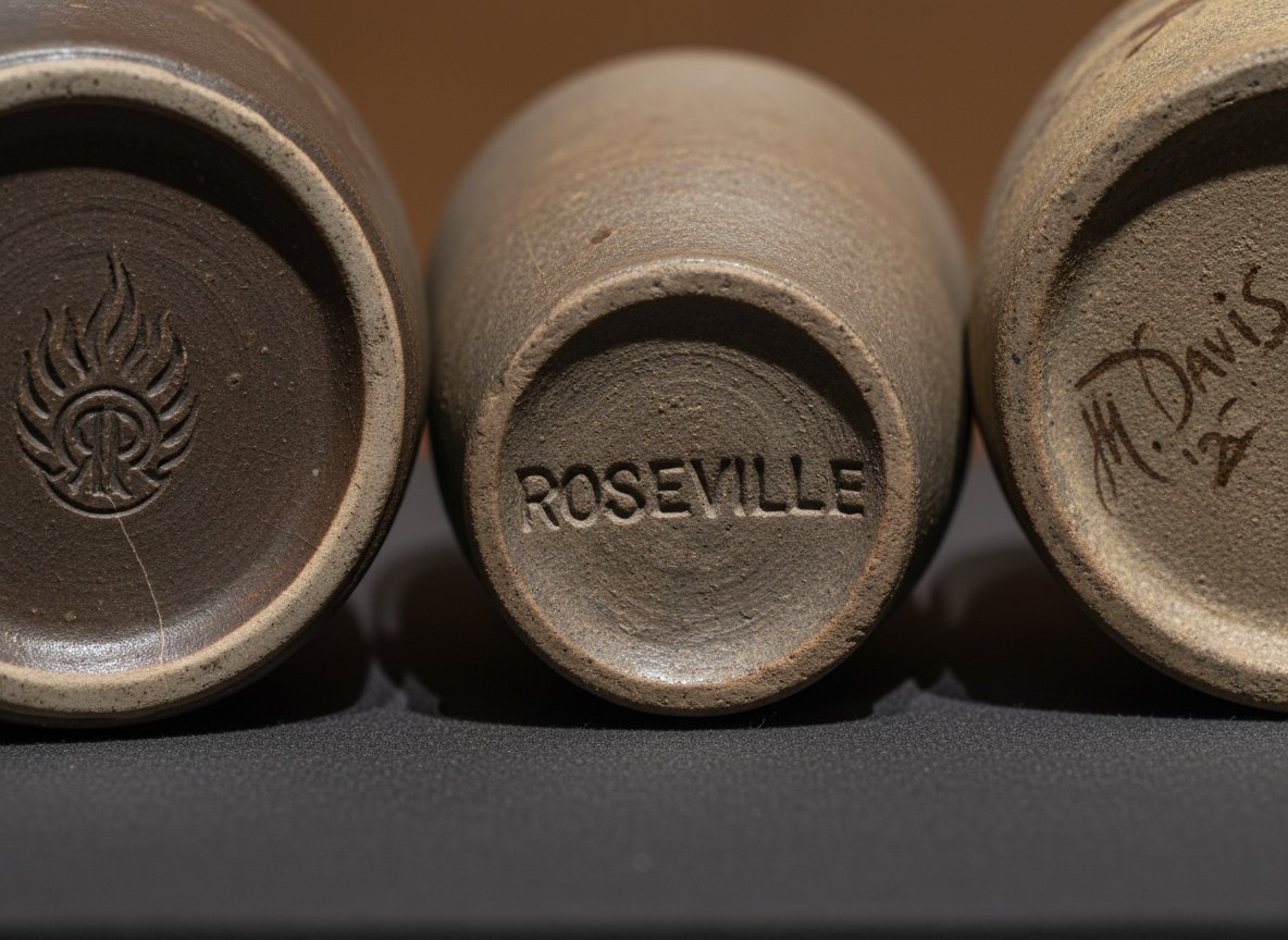 Close-up of pottery maker marks on the bottom of three ceramic pieces, showing incised stamps and embossed signatures used to identify valuable pottery brands