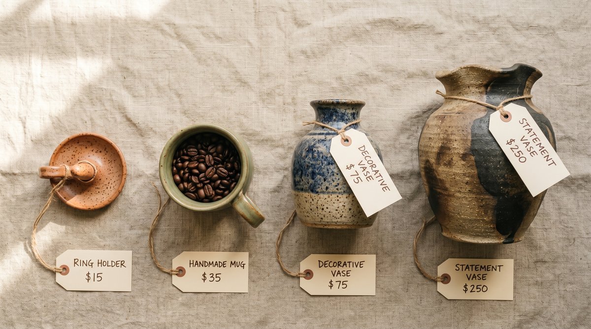 Four pottery items arranged by price from smallest ring holder at $15 to large statement vase at $250 showing price ladder concept