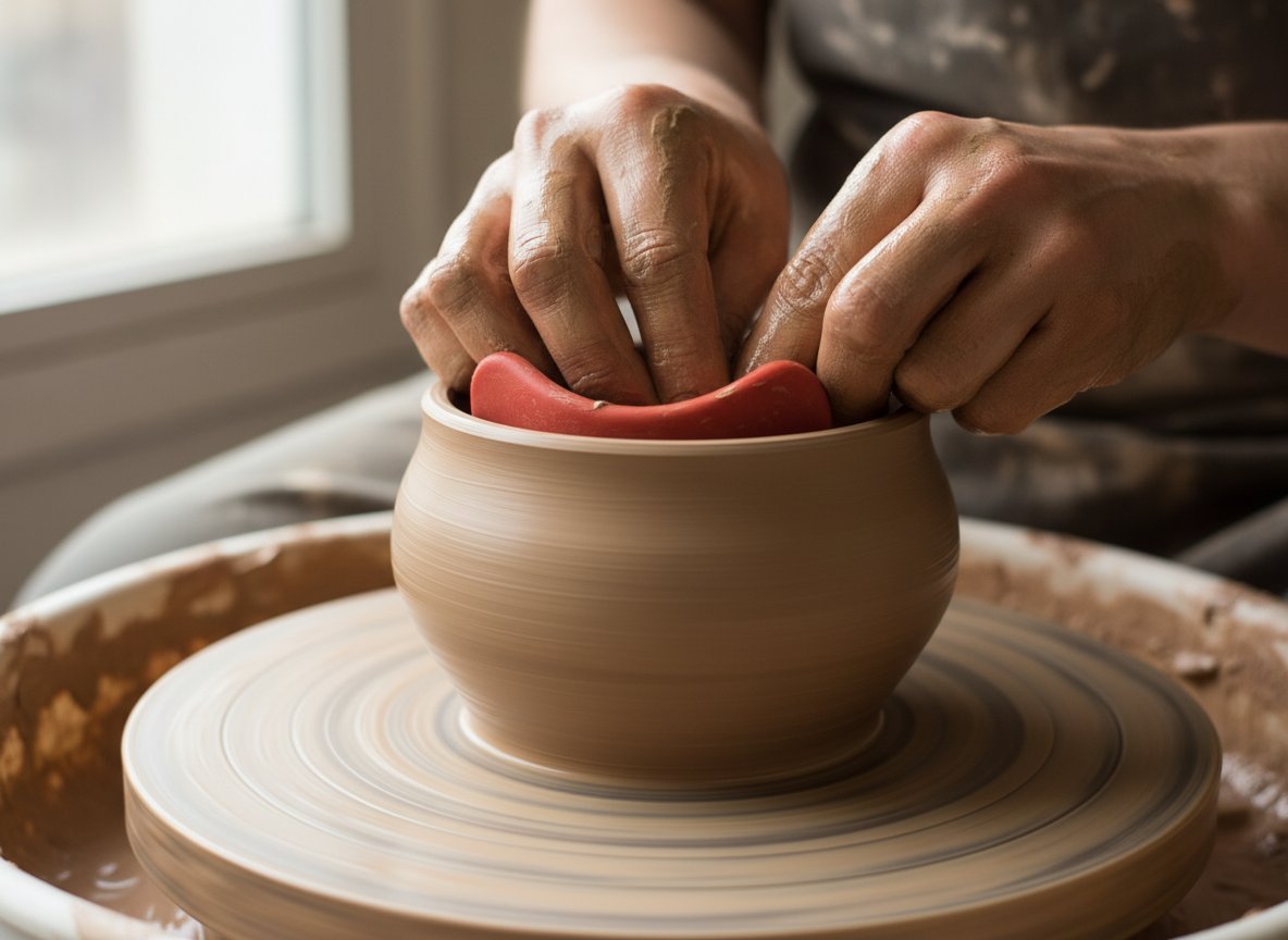 Potter's hands using a rib tool to smooth and compress the walls of a clay bowl on a spinning pottery wheel