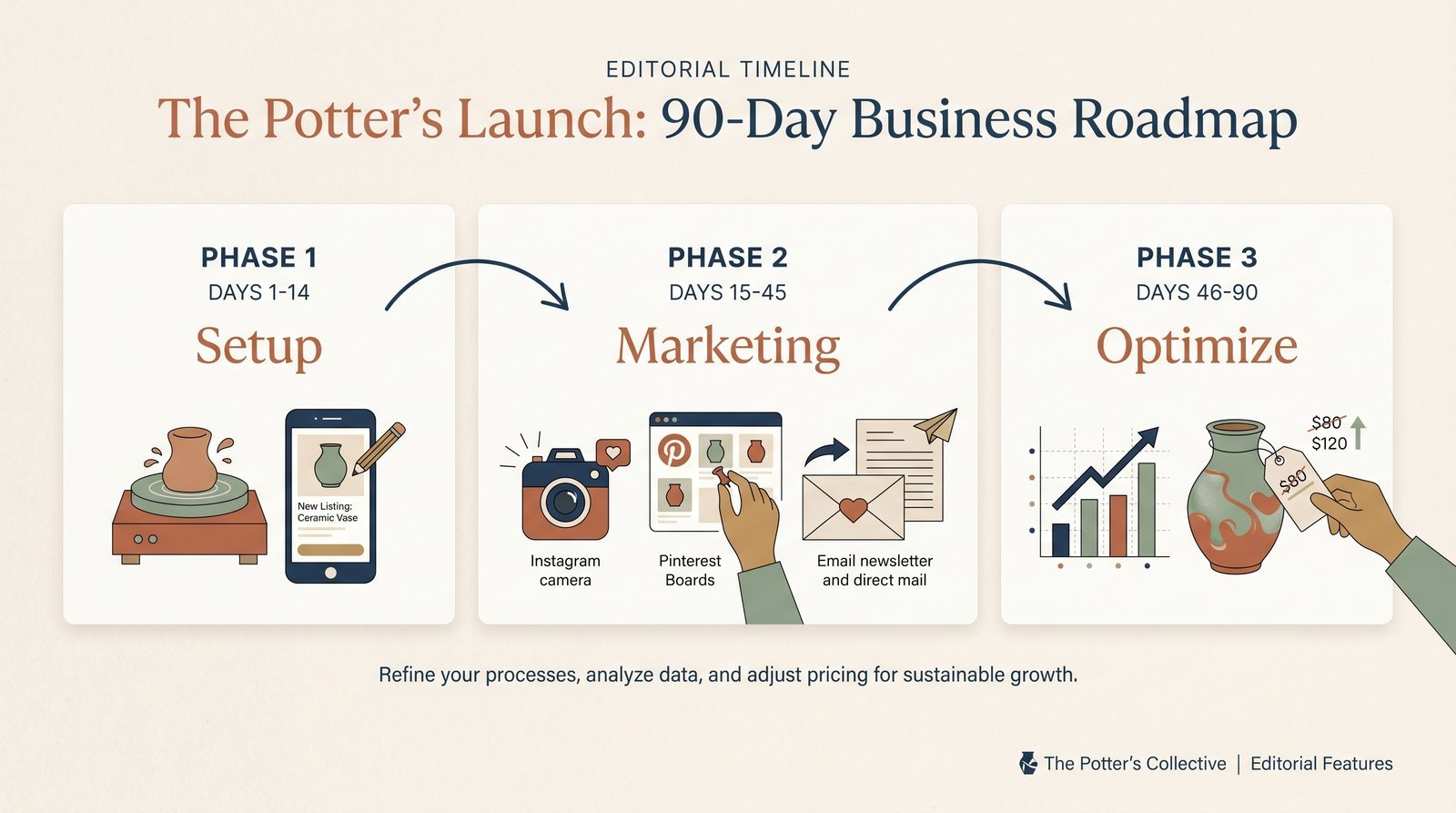 90-day pottery seller launch plan showing three phases - setup, marketing, optimization