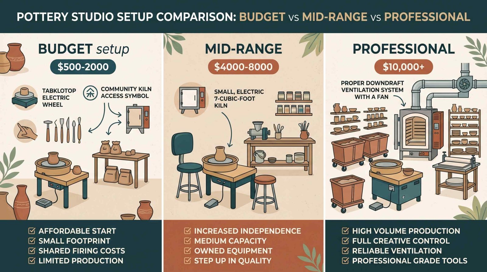 Comparison of three pottery studio setups showing budget, mid-range, and professional tiers with equipment and price ranges