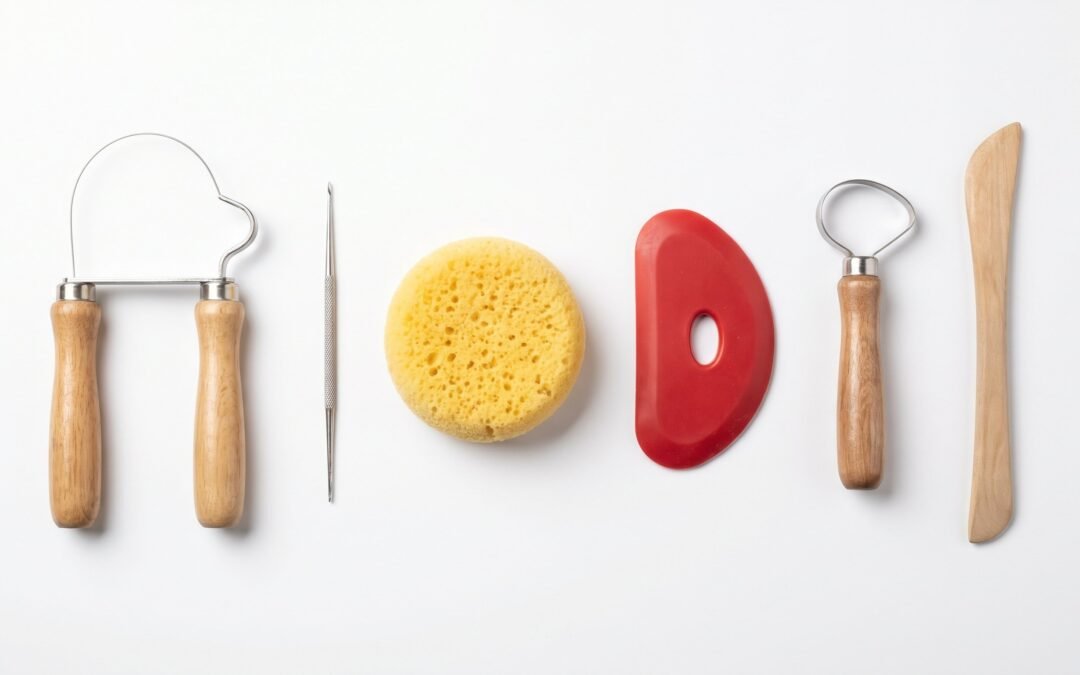 Six essential pottery tools for beginners laid flat: wire clay cutter, needle tool, sponge, rib, loop trimmer, and modeling tool