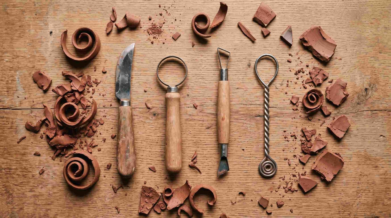 Pottery trimming tools including loop tool, ribbon tool, and wire tool arranged on a wooden surface Pottery trimming tools including loop tool, ribbon tool, and wire tool arranged on a wooden surface