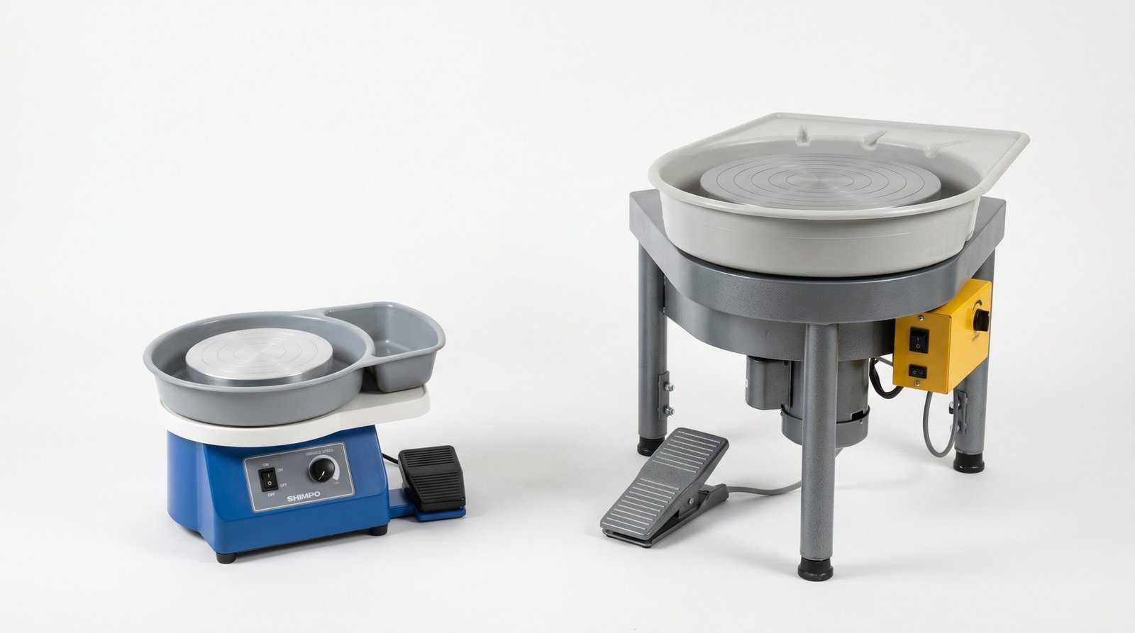 Side-by-side comparison of a compact beginner pottery wheel versus a large professional studio wheel